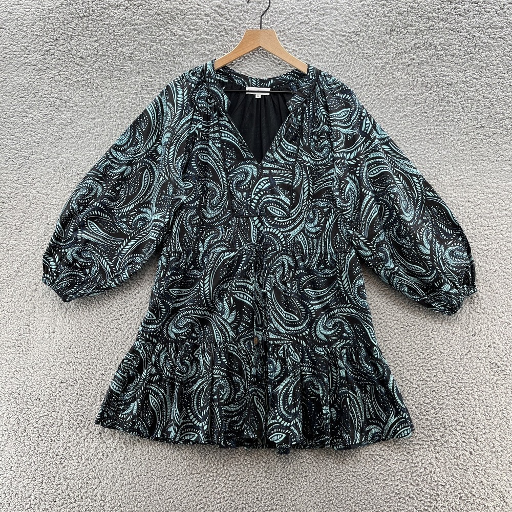 Karina Grimaldi Dress Womens Medium Black Green Paisley Cotton Relax Ruffle Mini